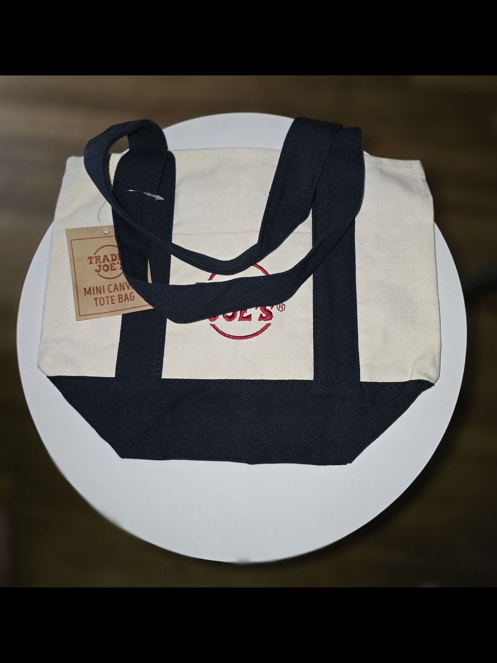 Trader Joe's Cream Canvas Mini Tote with Navy Handles Limited Edition! - Picture 2 of 3